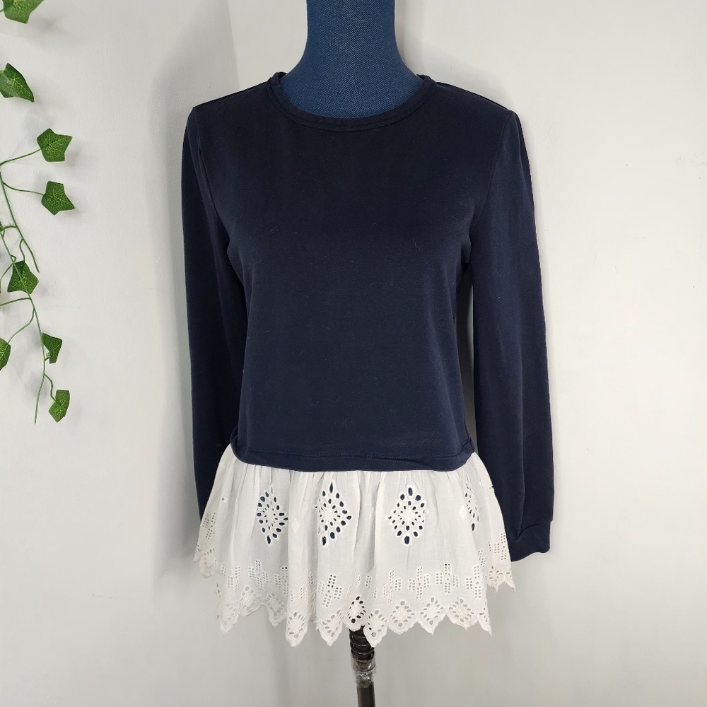 Marked Reunited Clothing Peplum Top Navy LS with Eyelet Bottom